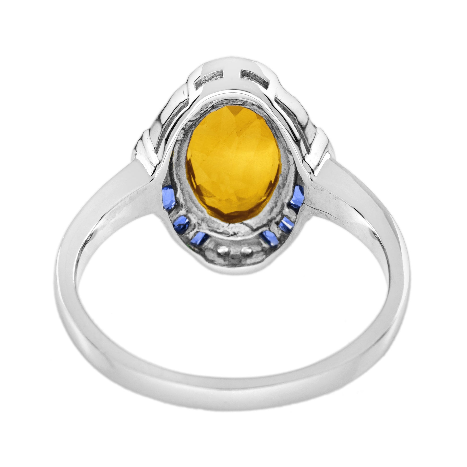 Oval Shape Citrine & Blue Sapphire Diamond Halo Art Deco Style White Gold Ring