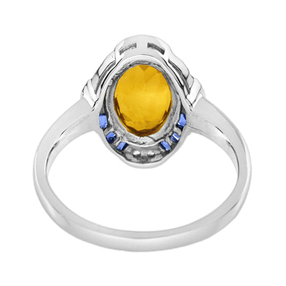 Oval Shape Citrine & Blue Sapphire Diamond Halo Art Deco Style White Gold Ring