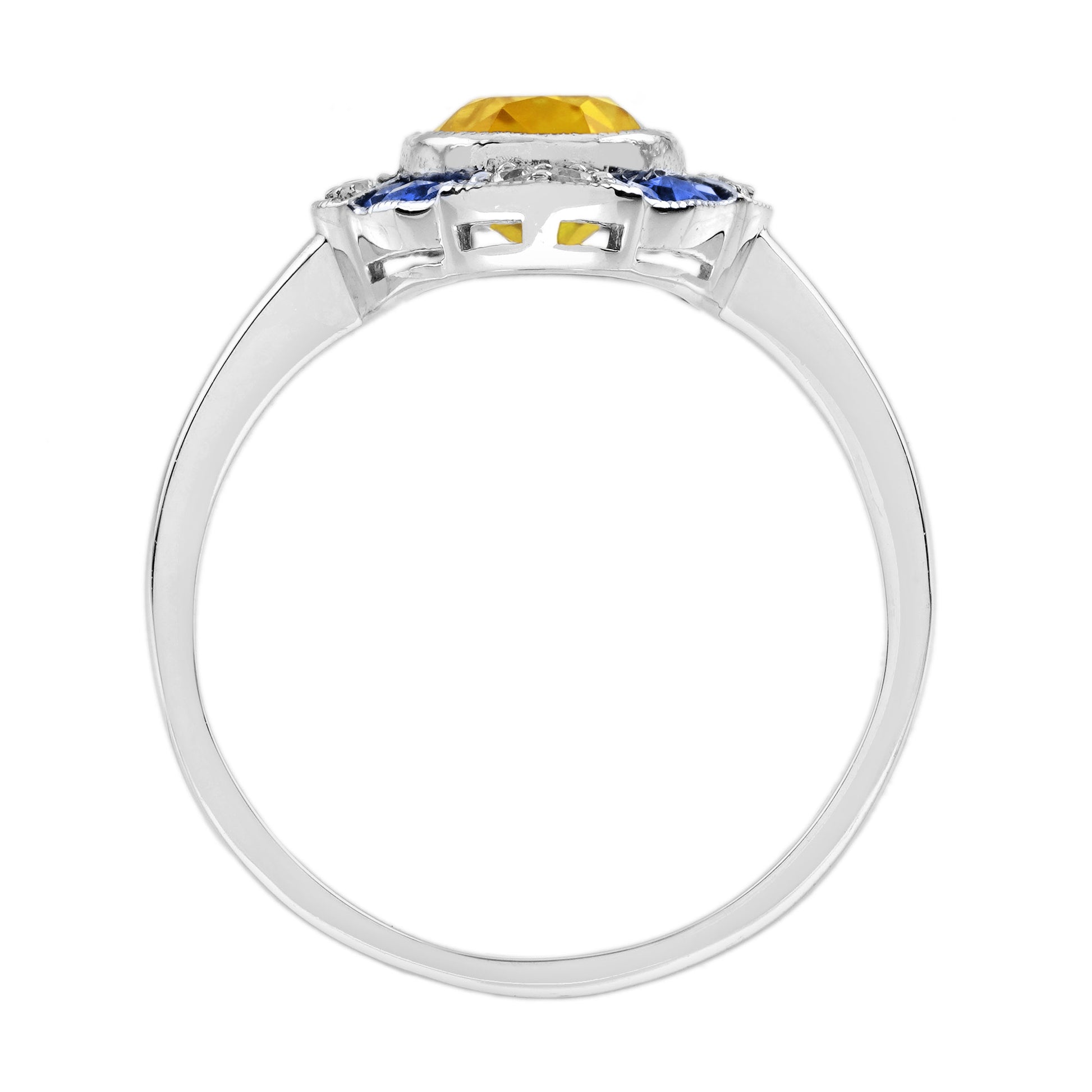 Oval Shape Citrine & Blue Sapphire Diamond Halo Art Deco Style White Gold Ring