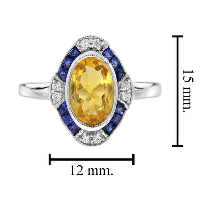 Oval Shape Citrine & Blue Sapphire Diamond Halo Art Deco Style White Gold Ring