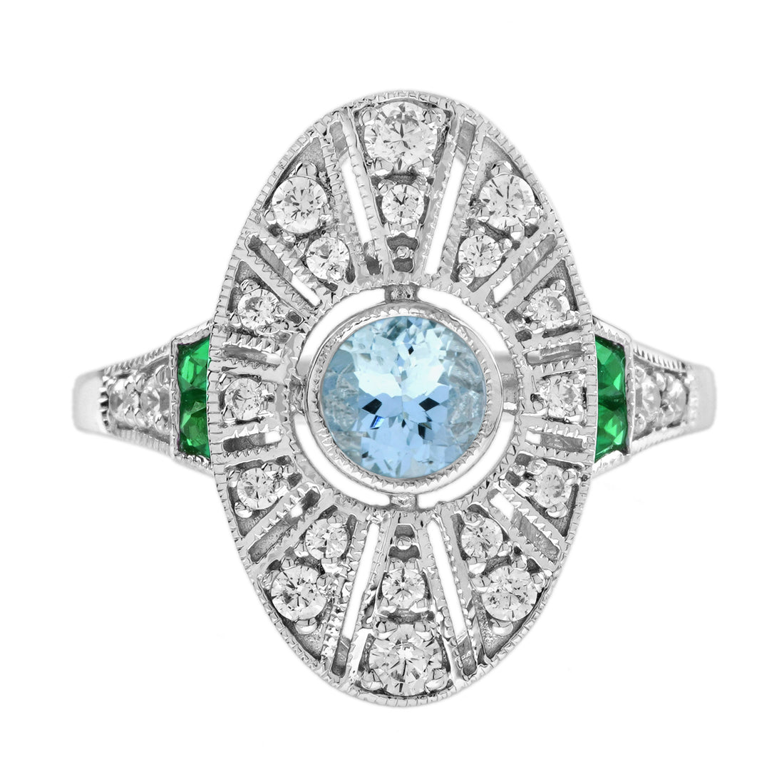 Blue Aquamarine & Diamond Emerald Vintage Inspired Edwardian White Gold Ring