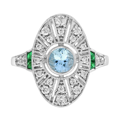 Blue Aquamarine &amp; Diamond Emerald Vintage Inspired Edwardian White Gold Ring
