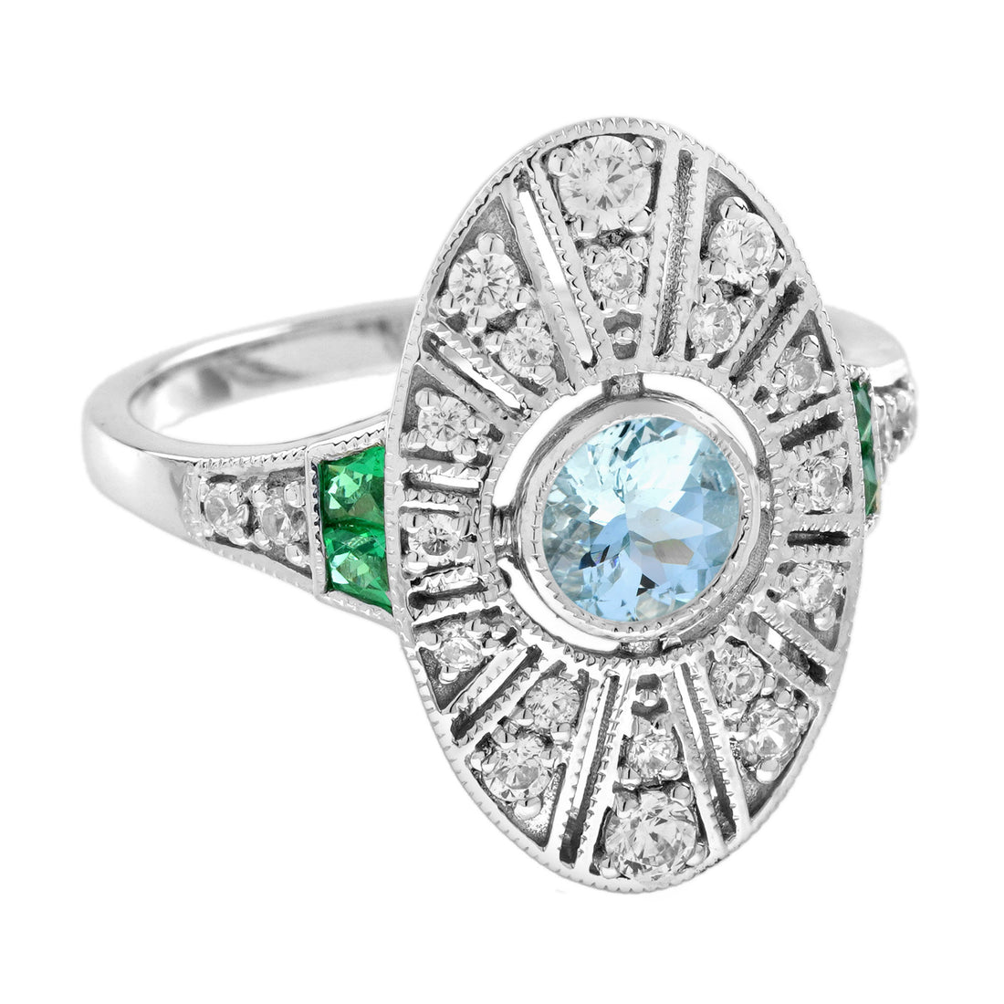 Blue Aquamarine &amp; Diamond Emerald Vintage Inspired Edwardian White Gold Ring