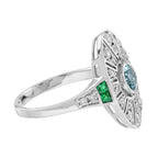 Blue Aquamarine & Diamond Emerald Vintage Inspired Edwardian White Gold Ring