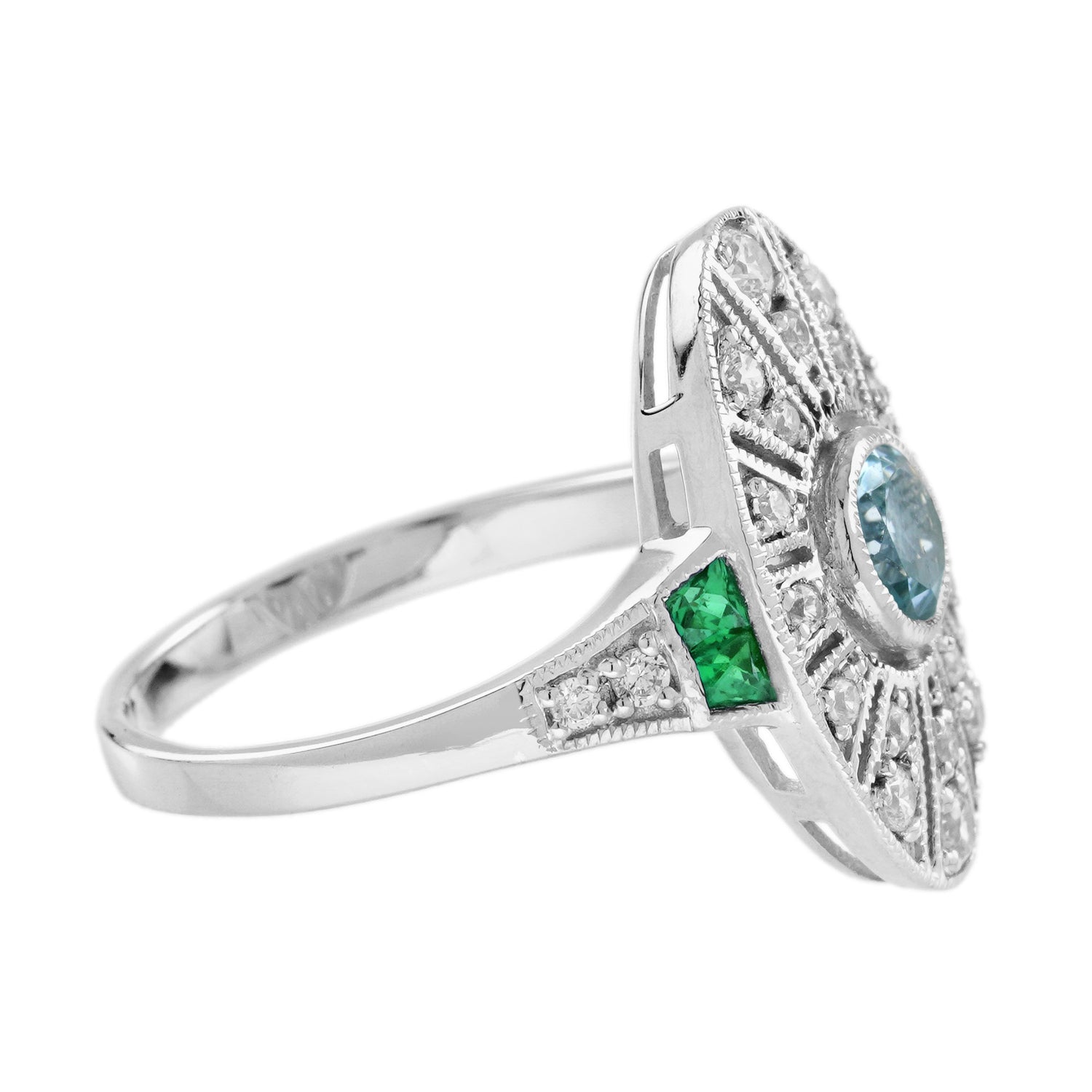 Blue Aquamarine &amp; Diamond Emerald Vintage Inspired Edwardian White Gold Ring