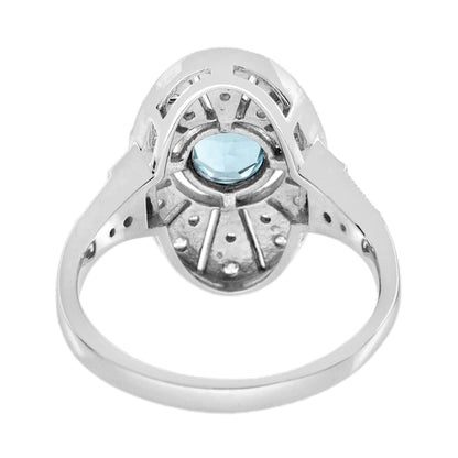 Blue Aquamarine &amp; Diamond Emerald Vintage Inspired Edwardian White Gold Ring