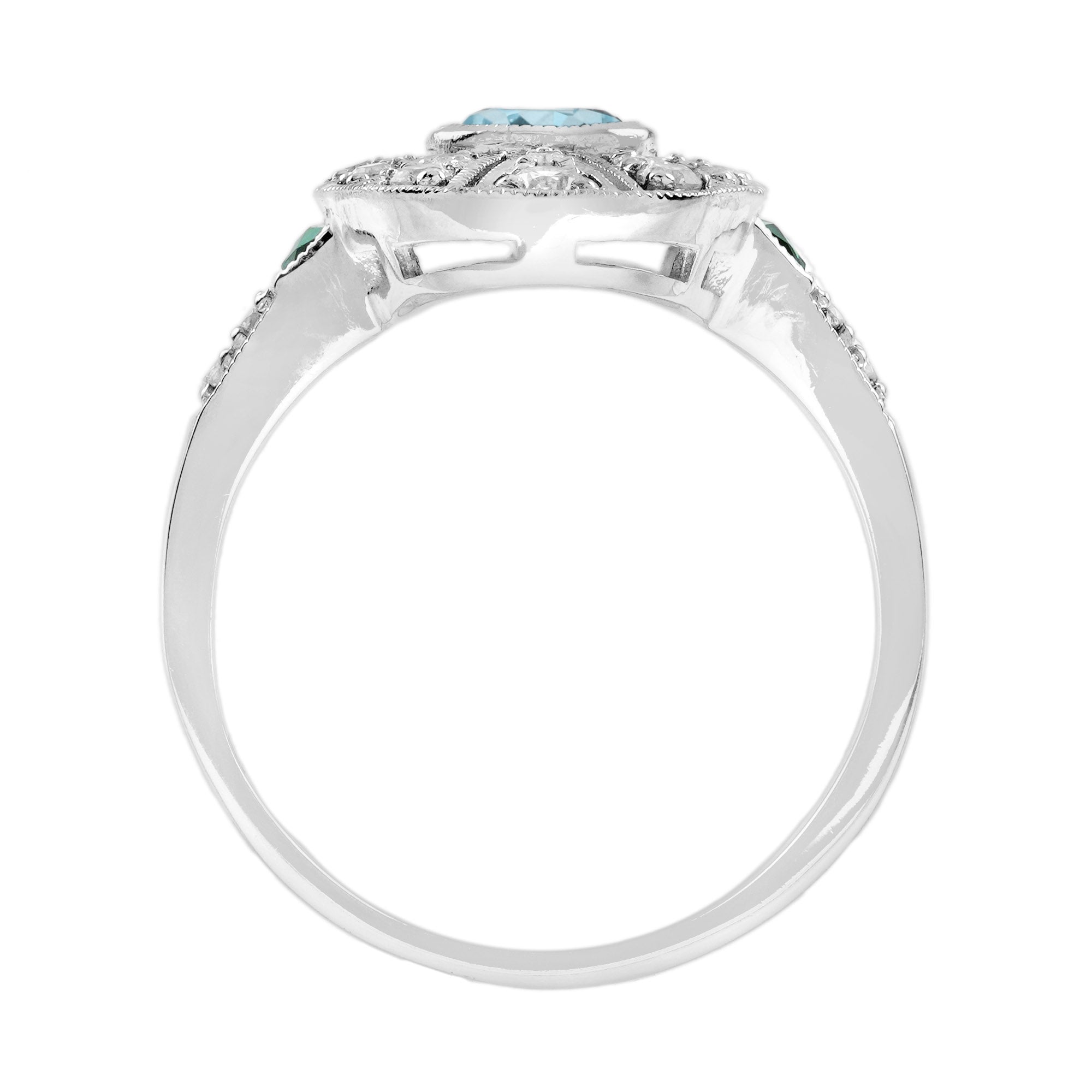 Blue Aquamarine &amp; Diamond Emerald Vintage Inspired Edwardian White Gold Ring