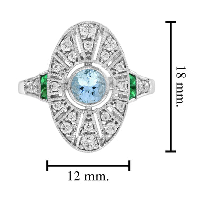 Blue Aquamarine &amp; Diamond Emerald Vintage Inspired Edwardian White Gold Ring