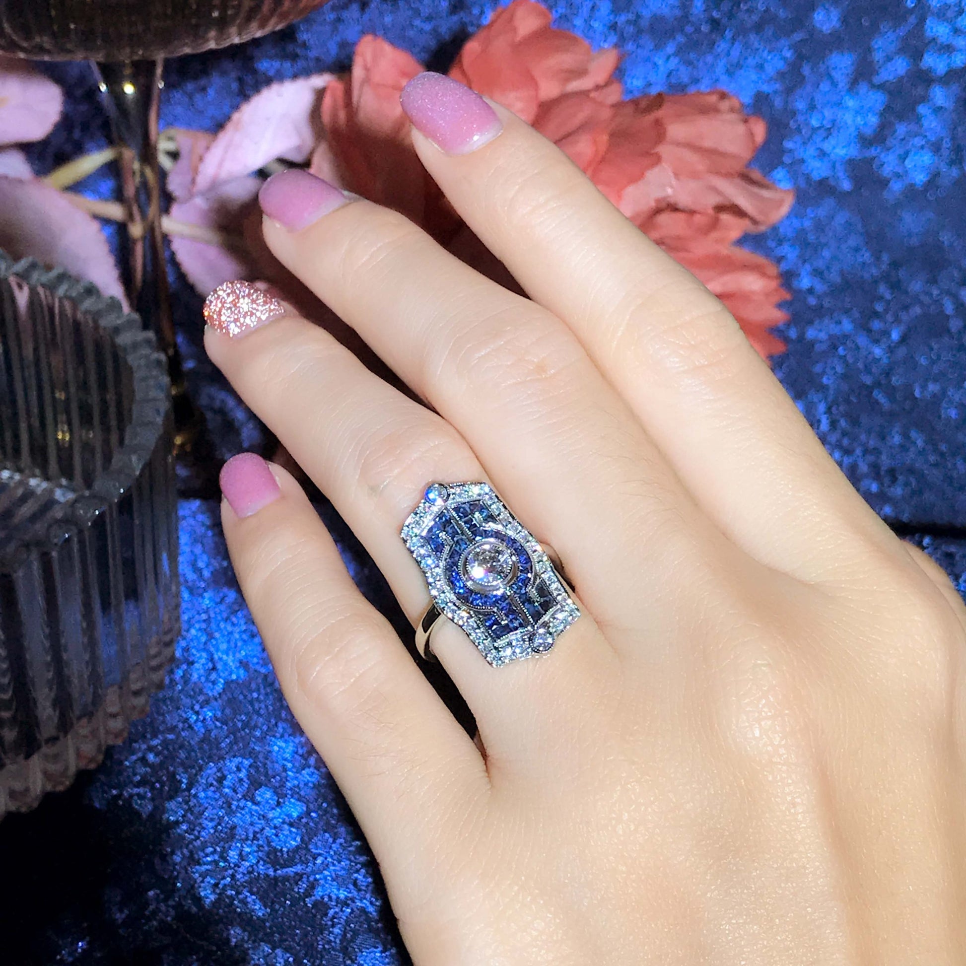 Diamond & Blue Sapphire Vintage Inspired Art Deco Style White Gold Dinner Ring