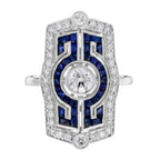Diamond & Blue Sapphire Vintage Inspired Art Deco Style White Gold Dinner Ring