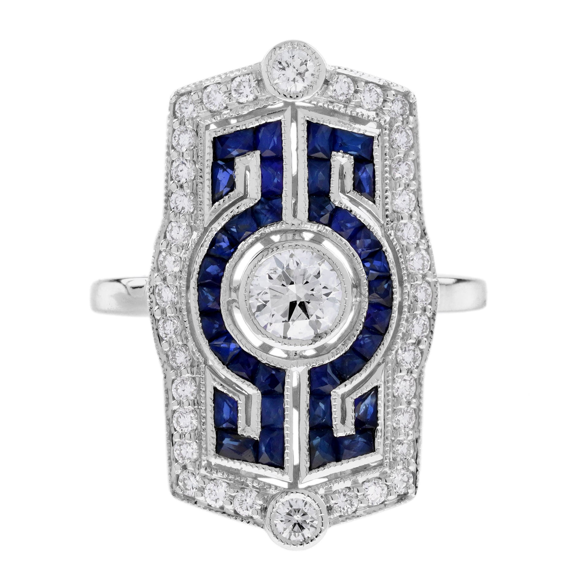 Diamond & Blue Sapphire Vintage Inspired Art Deco Style White Gold Dinner Ring
