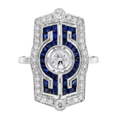 Diamond & Blue Sapphire Vintage Inspired Art Deco Style White Gold Dinner Ring