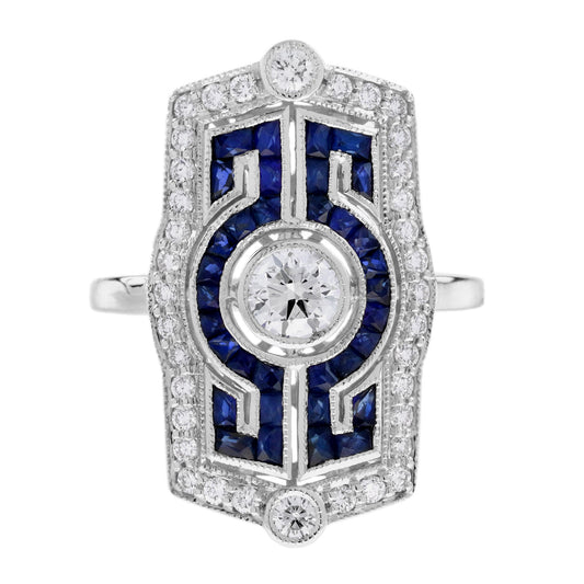 Diamond & Blue Sapphire Vintage Inspired Art Deco Style White Gold Dinner Ring