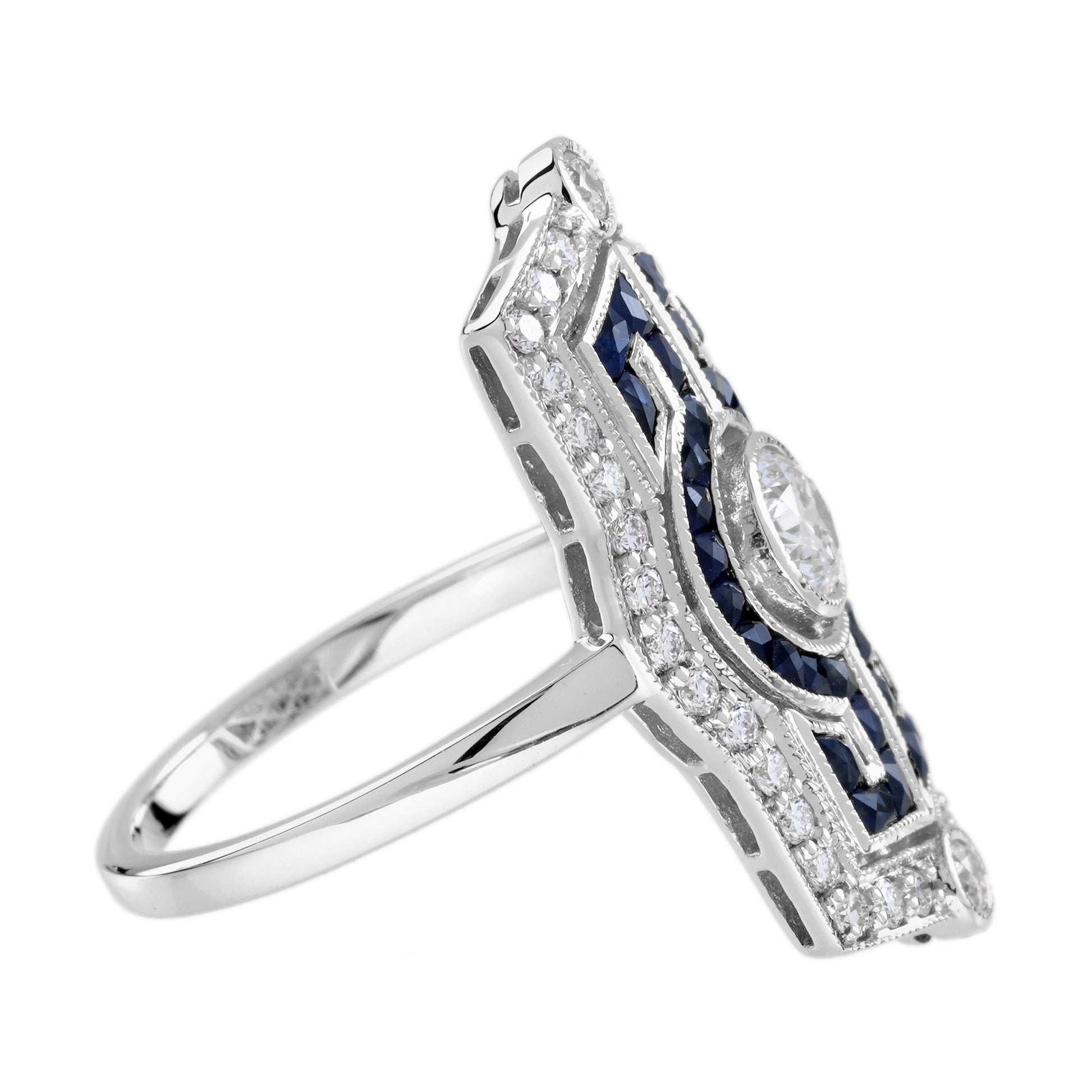 Diamond & Blue Sapphire Vintage Inspired Art Deco Style White Gold Dinner Ring