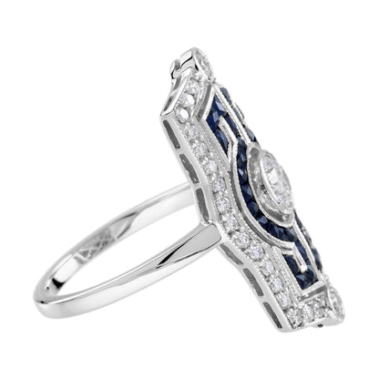 Diamond & Blue Sapphire Vintage Inspired Art Deco Style White Gold Dinner Ring
