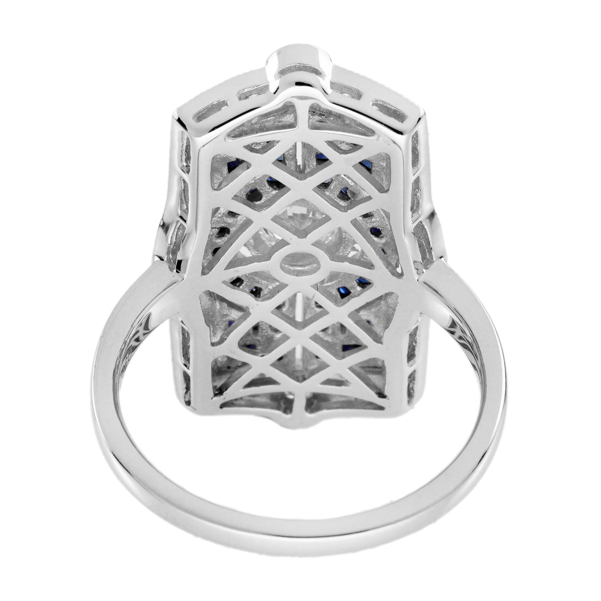 Diamond & Blue Sapphire Vintage Inspired Art Deco Style White Gold Dinner Ring