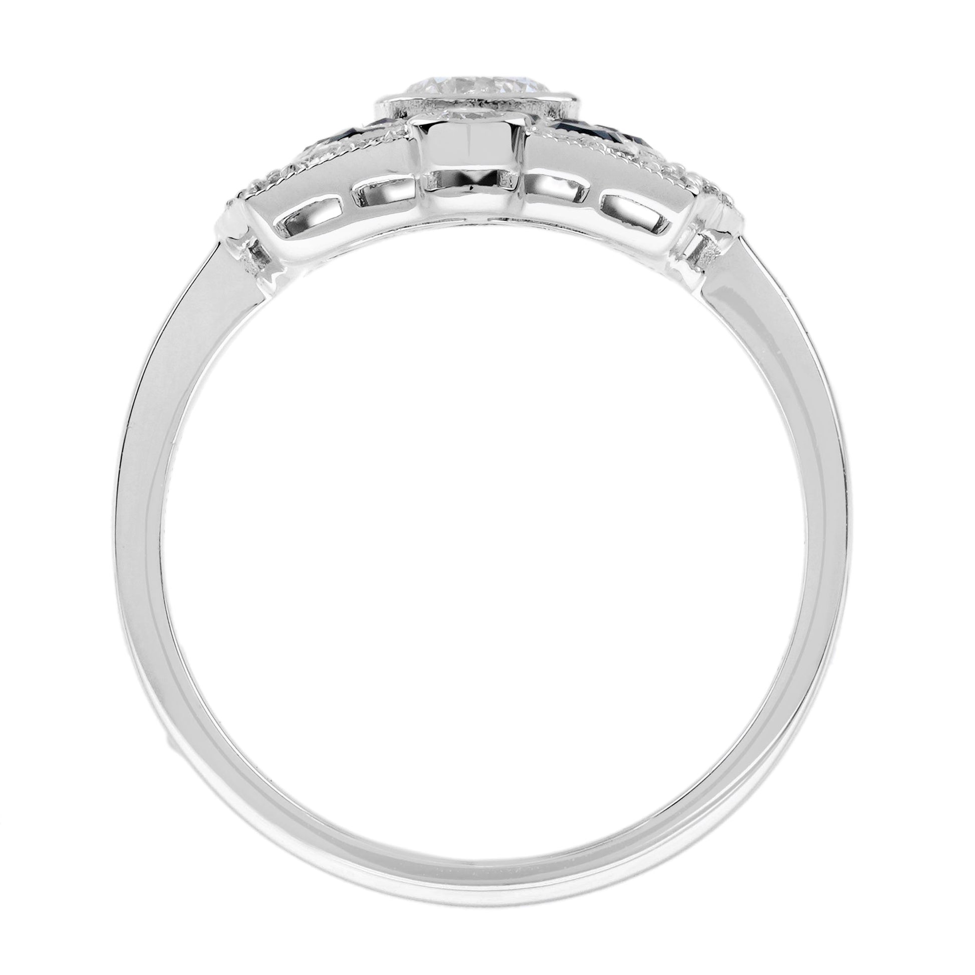 Diamond & Blue Sapphire Vintage Inspired Art Deco Style White Gold Dinner Ring