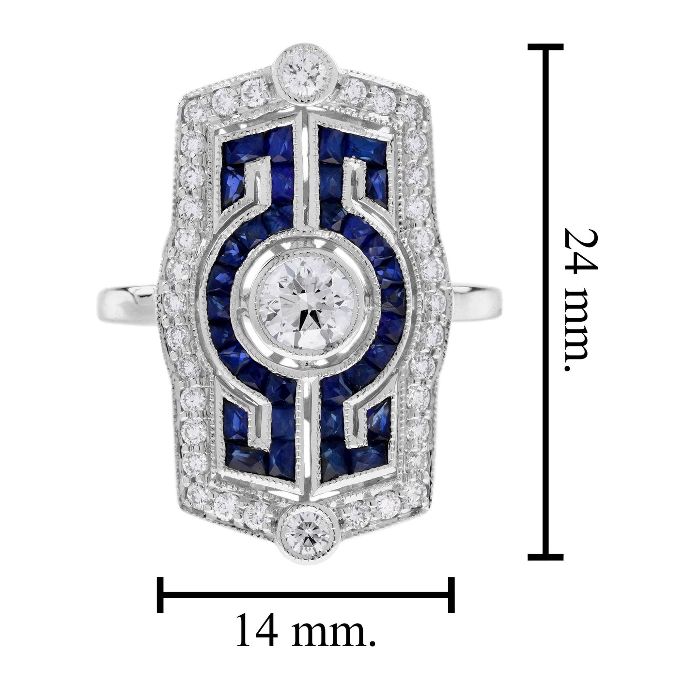 diamond & blue sapphire vintage inspired art deco style white gold dinner ring