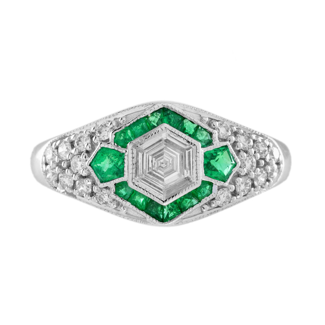 Hexagonal Diamond &amp; Green Emerald Halo Set Art Deco Style 18K White Gold Ring
