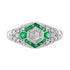 Hexagonal Diamond & Green Emerald Halo Set Art Deco Style 18K White Gold Ring