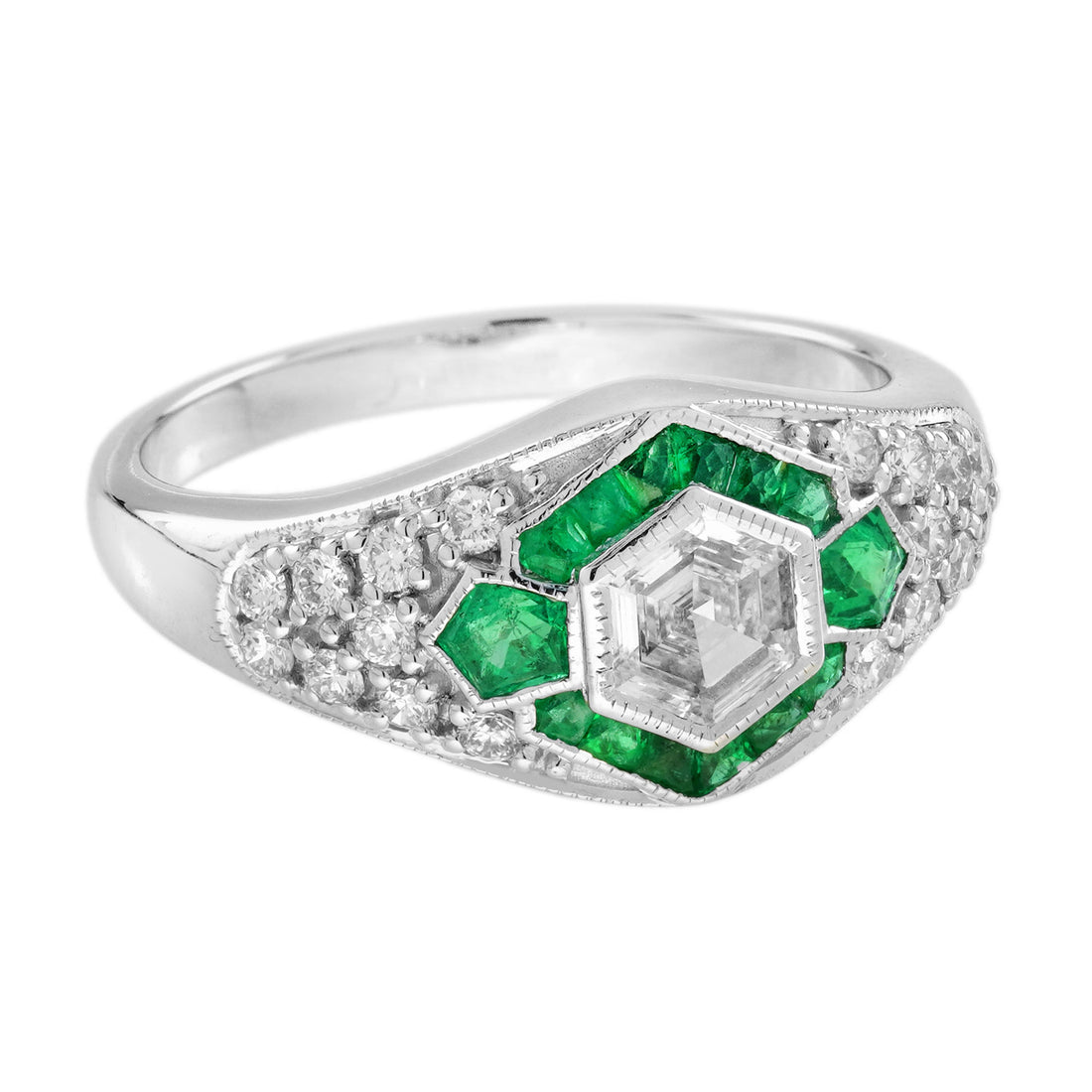 Hexagonal Diamond &amp; Green Emerald Halo Set Art Deco Style 18K White Gold Ring