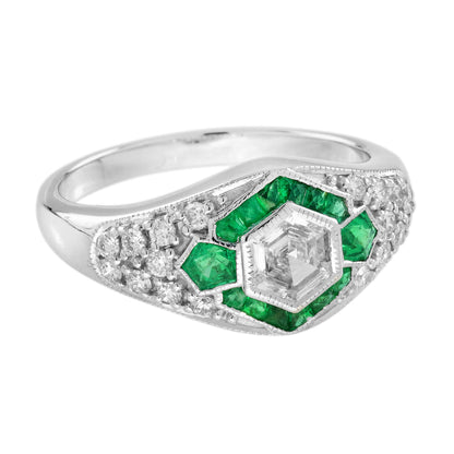 Hexagonal Diamond &amp; Green Emerald Halo Set Art Deco Style 18K White Gold Ring