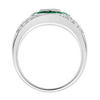 Hexagonal Diamond & Green Emerald Halo Set Art Deco Style 18K White Gold Ring