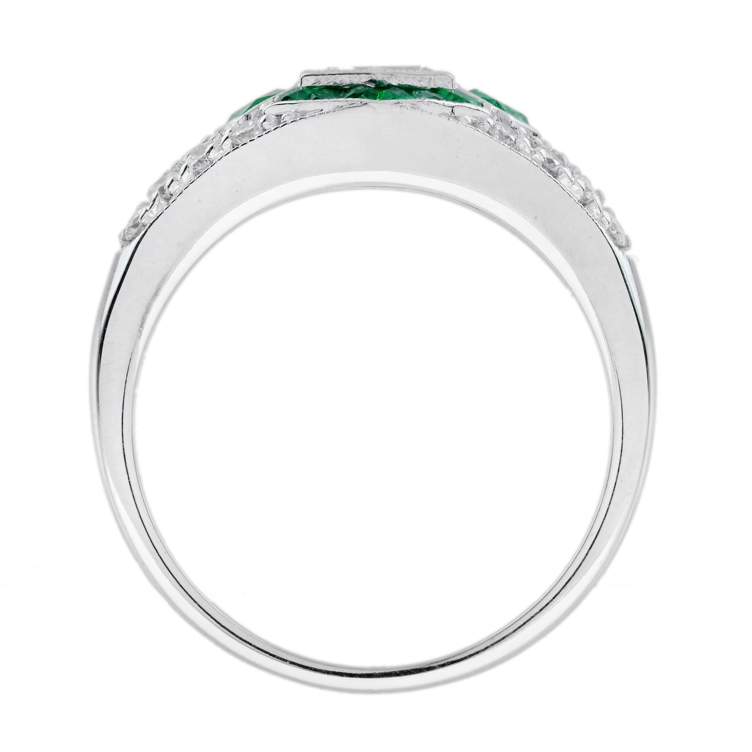 Hexagonal Diamond &amp; Green Emerald Halo Set Art Deco Style 18K White Gold Ring