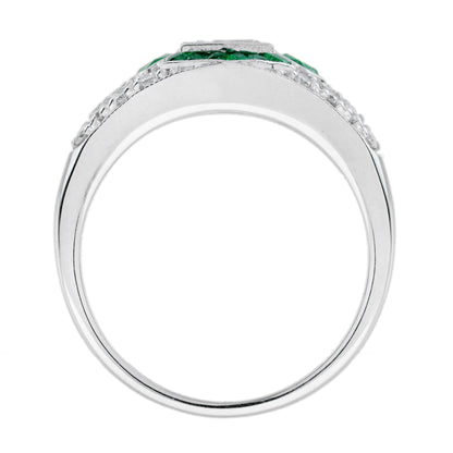 Hexagonal Diamond &amp; Green Emerald Halo Set Art Deco Style 18K White Gold Ring