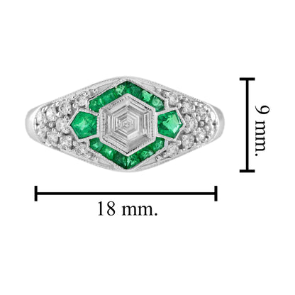 Hexagonal Diamond &amp; Green Emerald Halo Set Art Deco Style 18K White Gold Ring