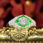 Hexagonal Diamond & Green Emerald Halo Set Art Deco Style 18K White Gold Ring