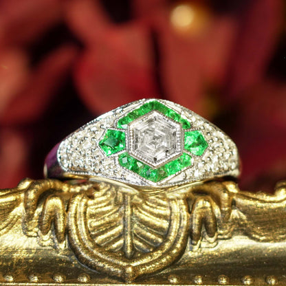 Hexagonal Diamond &amp; Green Emerald Halo Set Art Deco Style 18K White Gold Ring