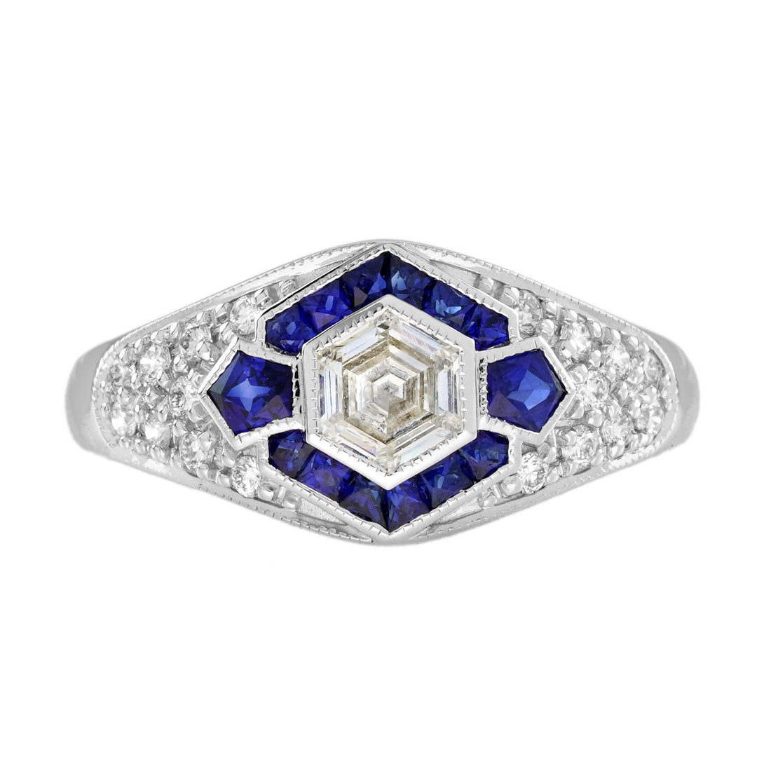 Hexagon Diamond &amp; Blue Sapphire Art Deco Style 18K White Gold Engagement Ring