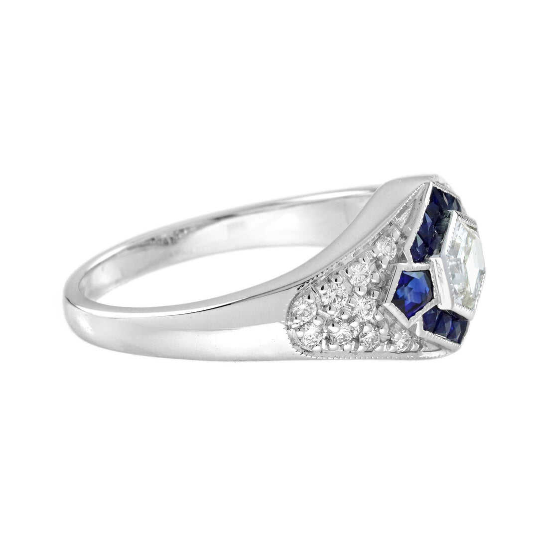 Hexagon Diamond &amp; Blue Sapphire Art Deco Style 18K White Gold Engagement Ring