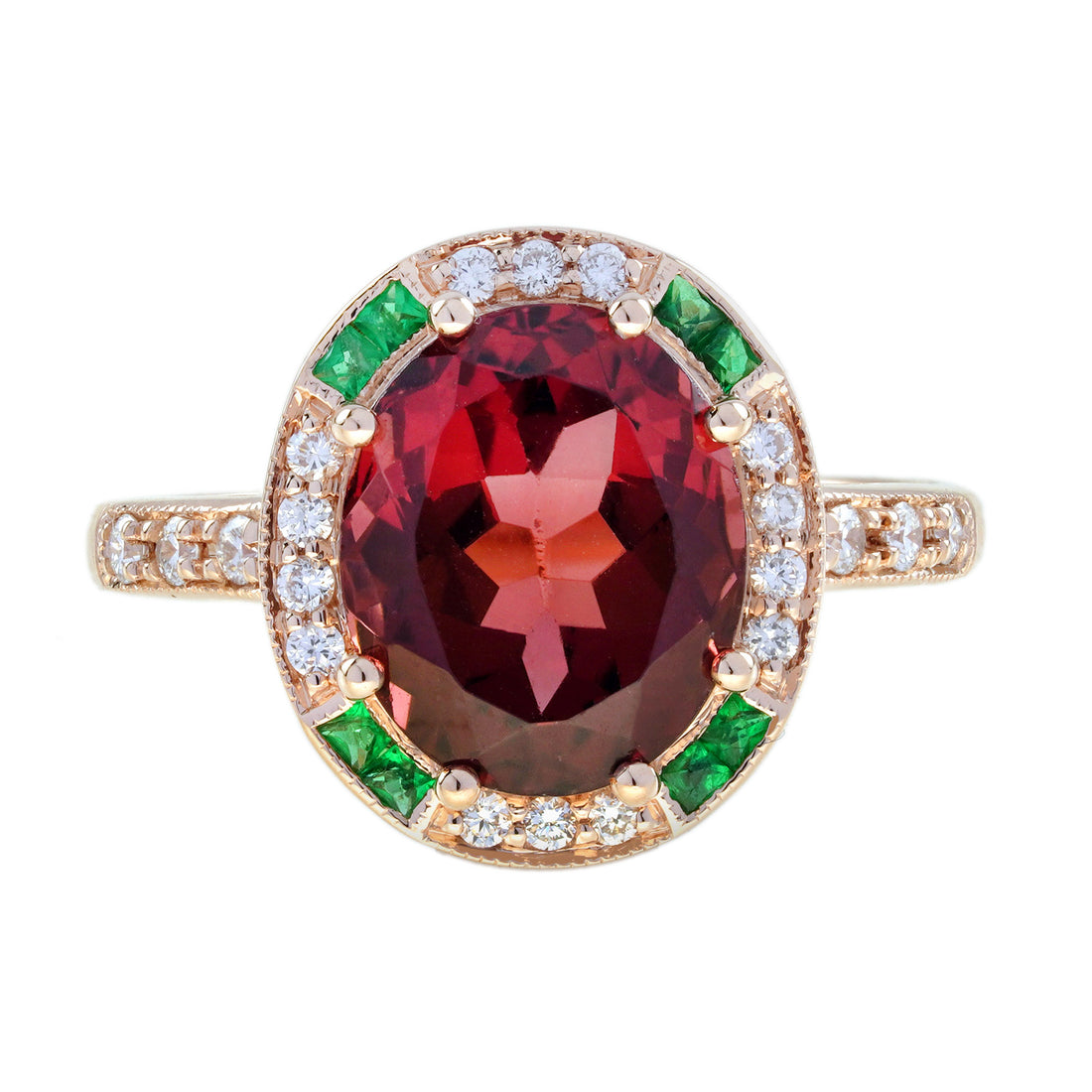 Oval Shape Pink Tourmaline & Emerald Diamond Art Deco Style 14K Rose Gold Ring
