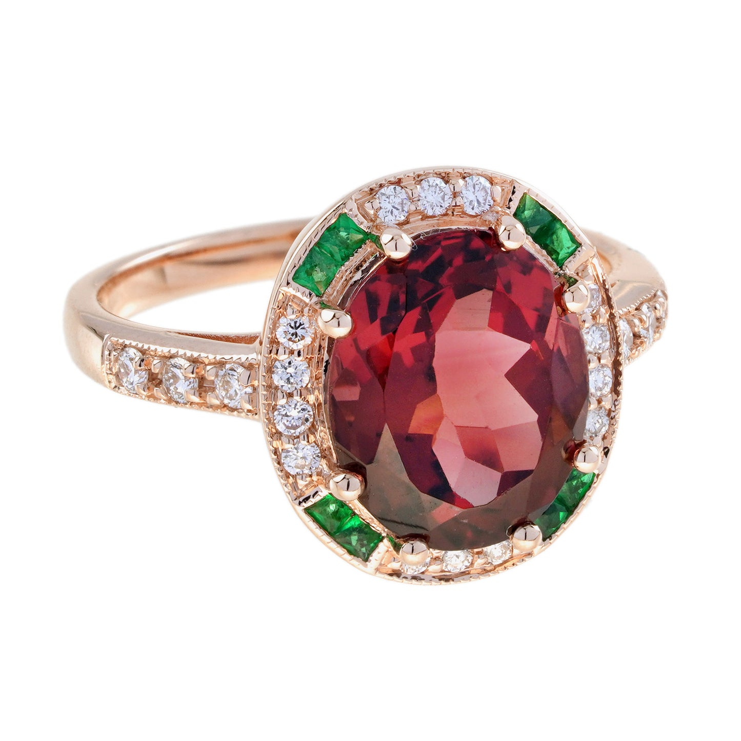 oval shape pink tourmaline & emerald diamond art deco style 14k rose gold ring