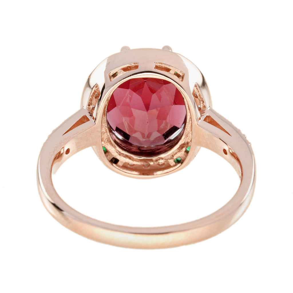 Oval Shape Pink Tourmaline & Emerald Diamond Art Deco Style 14K Rose Gold Ring