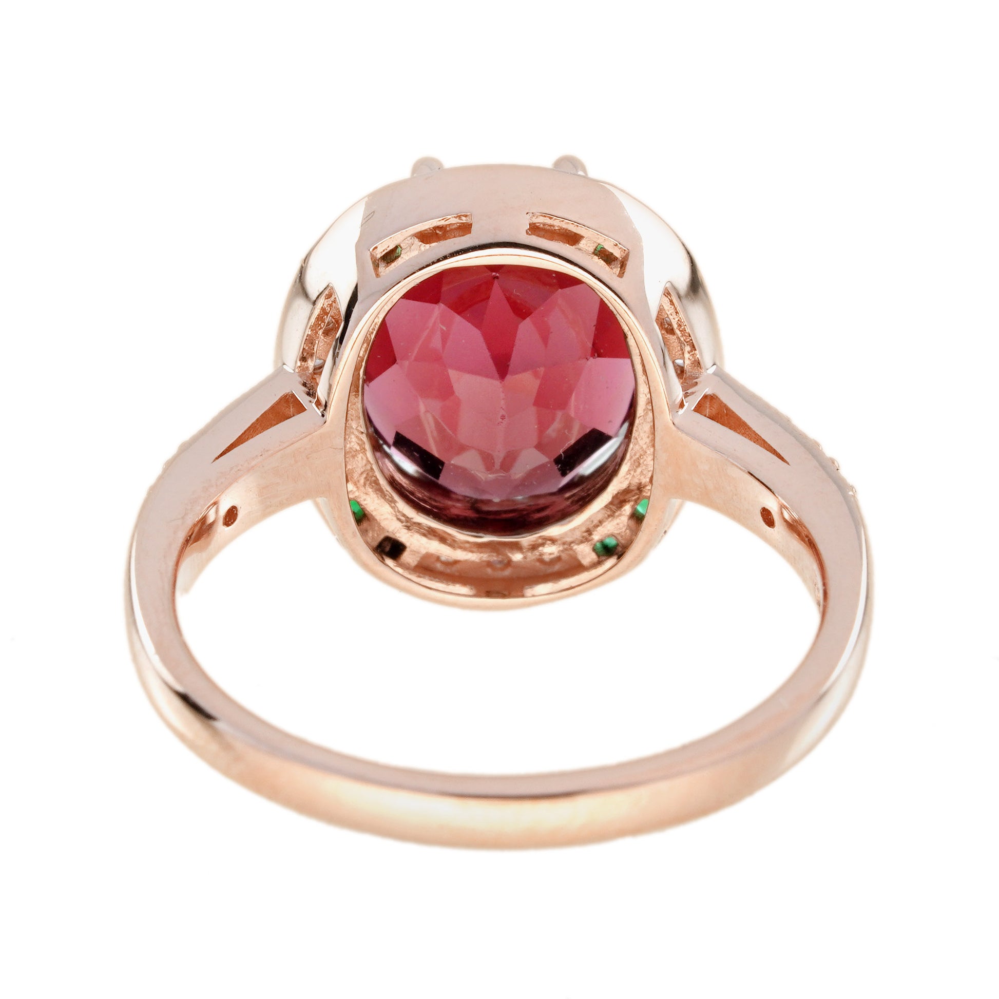 Oval Shape Pink Tourmaline & Emerald Diamond Art Deco Style 14K Rose Gold Ring