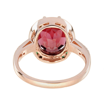 Oval Shape Pink Tourmaline & Emerald Diamond Art Deco Style 14K Rose Gold Ring