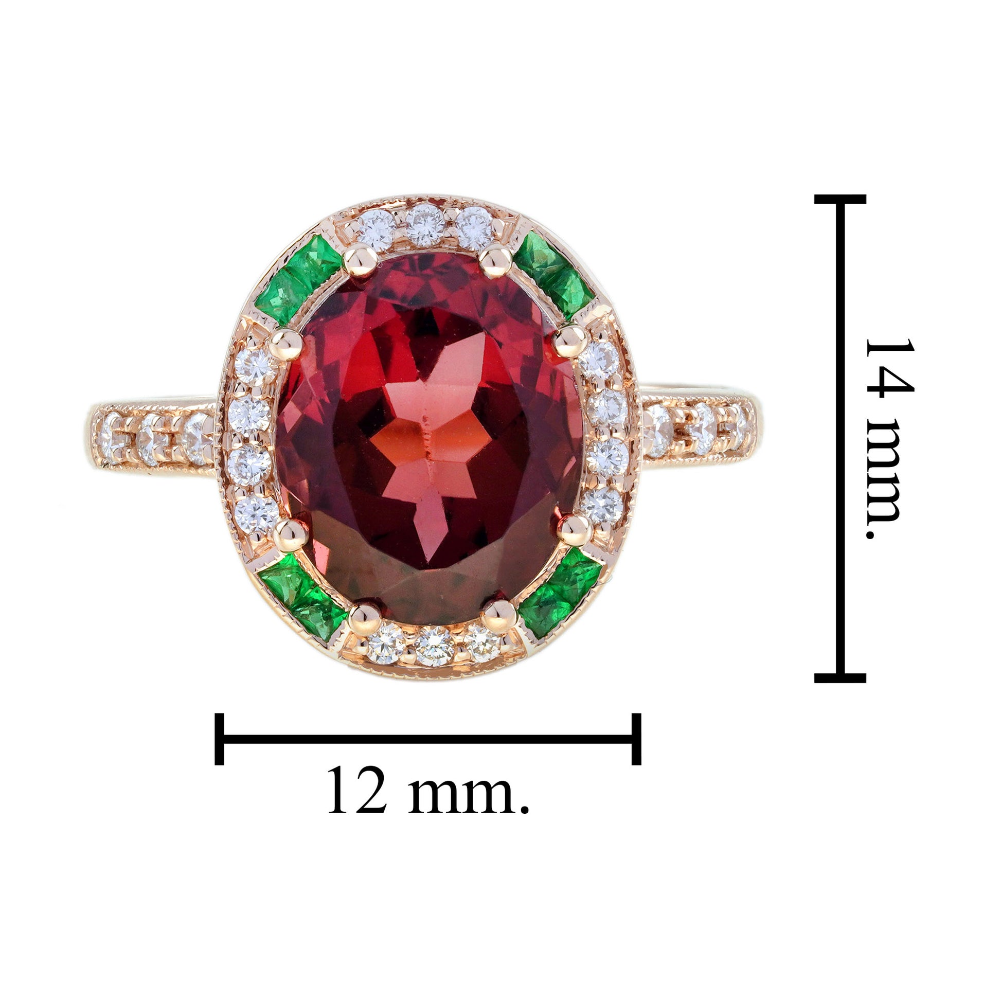 Oval Shape Pink Tourmaline & Emerald Diamond Art Deco Style 14K Rose Gold Ring