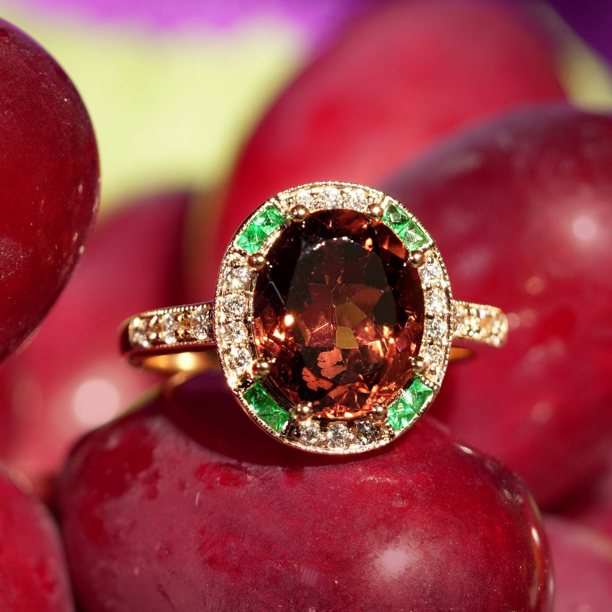 Oval Shape Pink Tourmaline & Emerald Diamond Art Deco Style 14K Rose Gold Ring