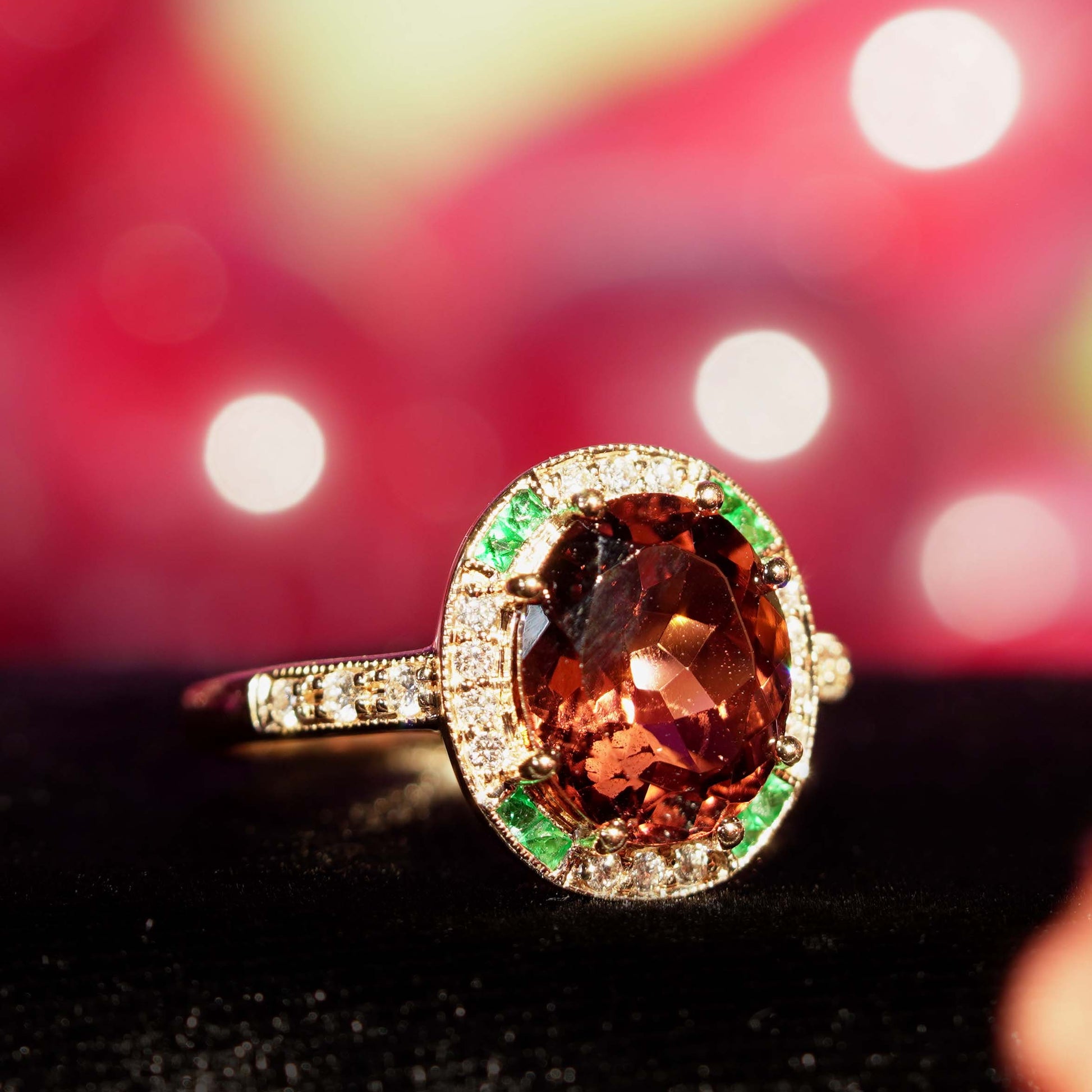 Oval Shape Pink Tourmaline & Emerald Diamond Art Deco Style 14K Rose Gold Ring