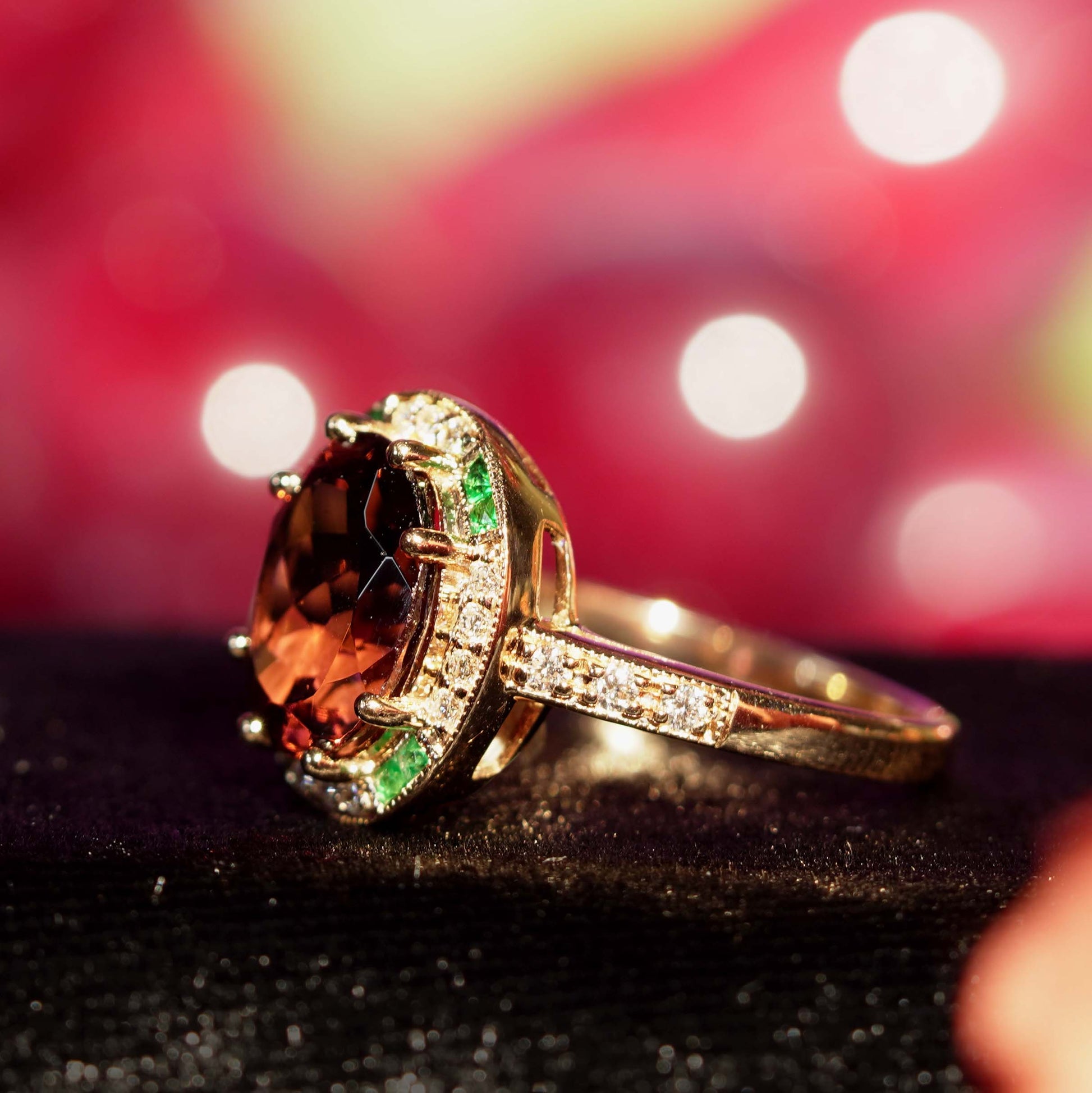 Oval Shape Pink Tourmaline & Emerald Diamond Art Deco Style 14K Rose Gold Ring