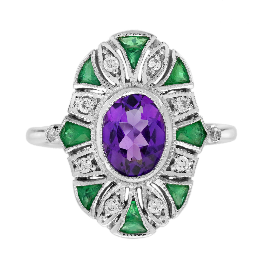 2.70 Ctw Art Deco Emerald, Amethyst & Diamond 14K White Gold Ring