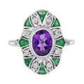 2.70 Ctw Art Deco Emerald, Amethyst & Diamond 14K White Gold Ring