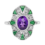 2.70 Ctw Art Deco Emerald, Amethyst & Diamond 14K White Gold Ring