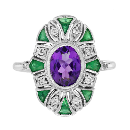 Amethyst & Emerald Diamond Vintage Inspired Art Deco Style White Gold Ring