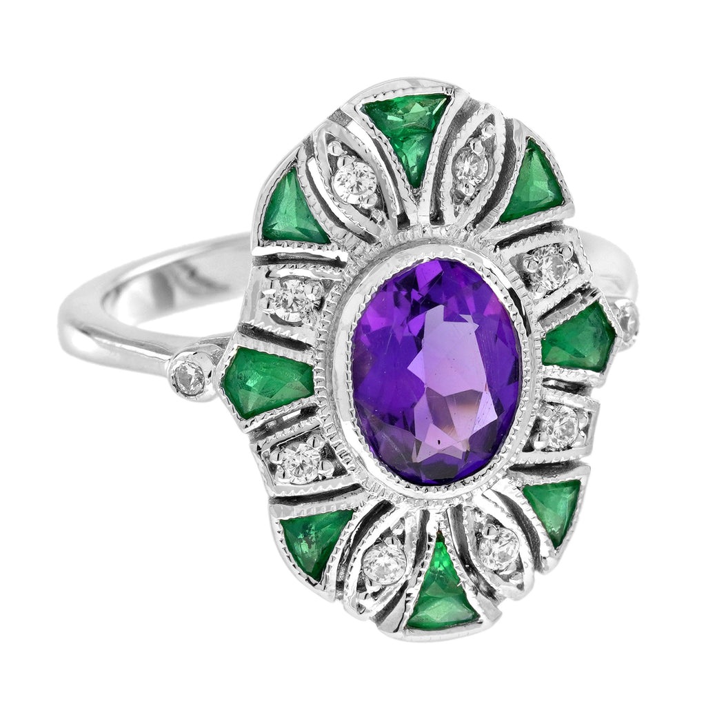 2.70 Ctw Art Deco Emerald, Amethyst & Diamond 14K White Gold Ring