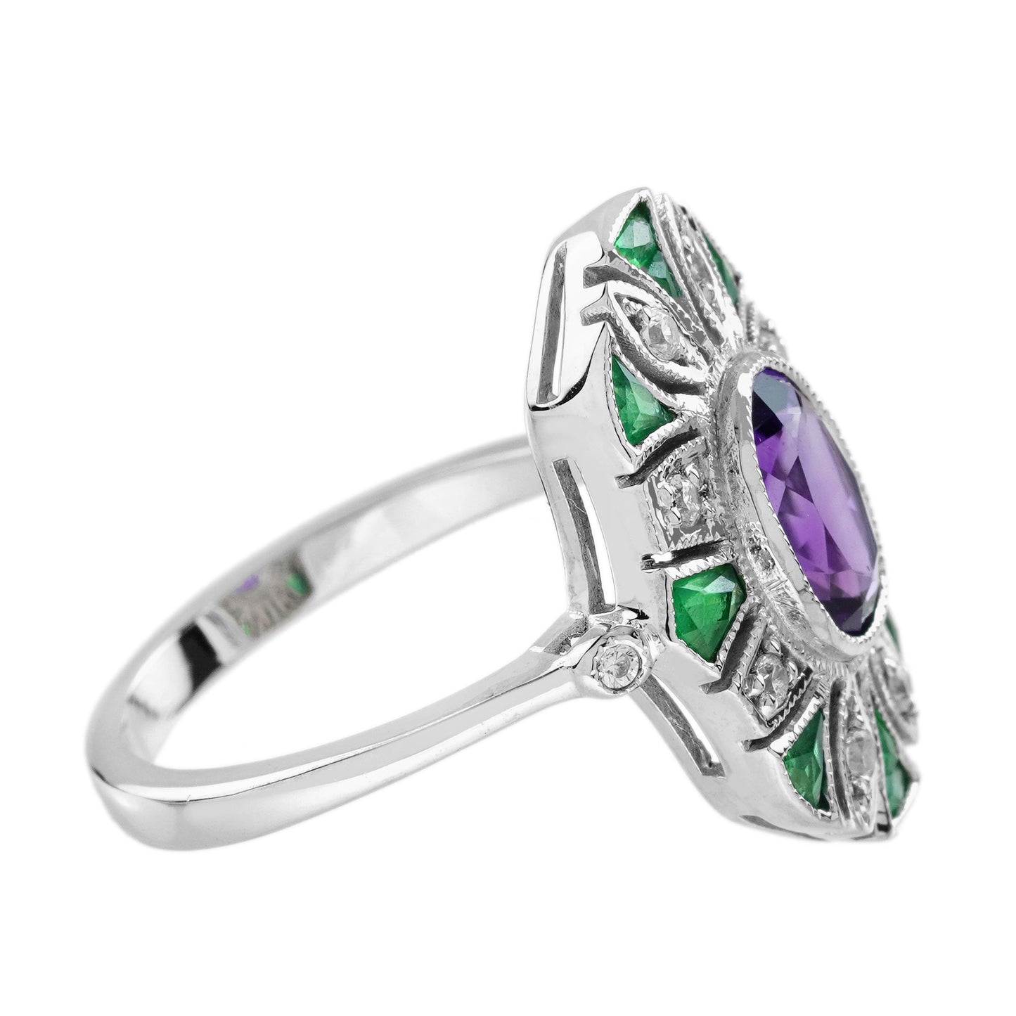 amethyst & emerald diamond vintage inspired art deco style white gold ring