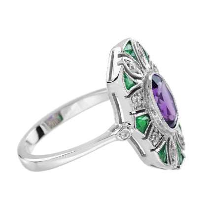 Amethyst & Emerald Diamond Vintage Inspired Art Deco Style White Gold Ring